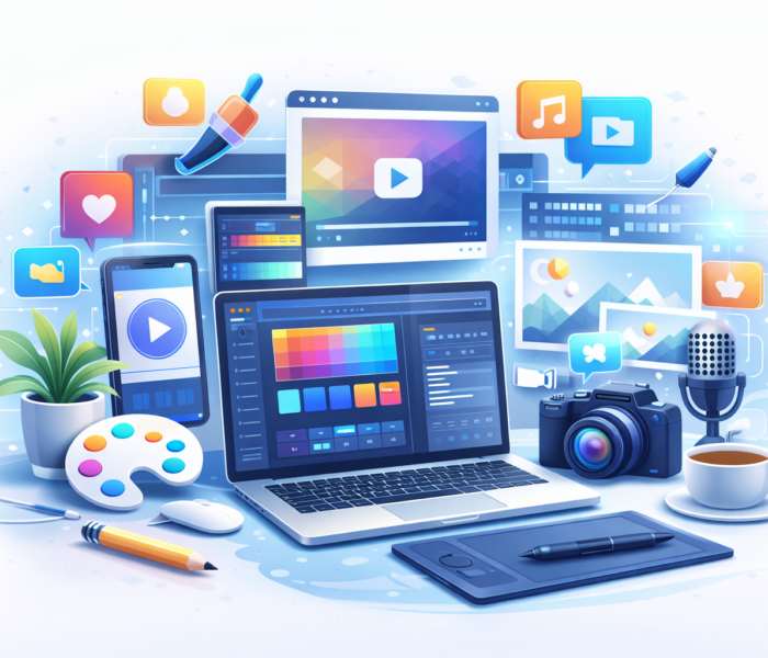 Graphic design and video creation services with creative tools, color palettes, and multimedia elements