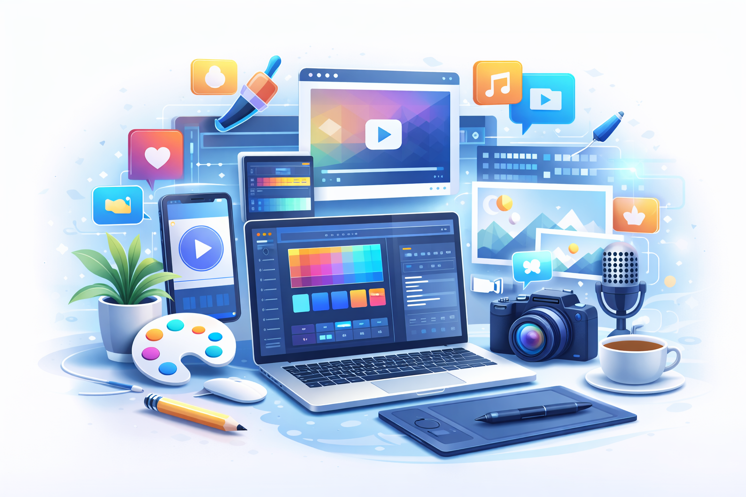 Graphic design and video creation services with creative tools, color palettes, and multimedia elements