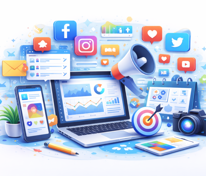 Social media marketing services with analytics, content creation, and audience engagement tools