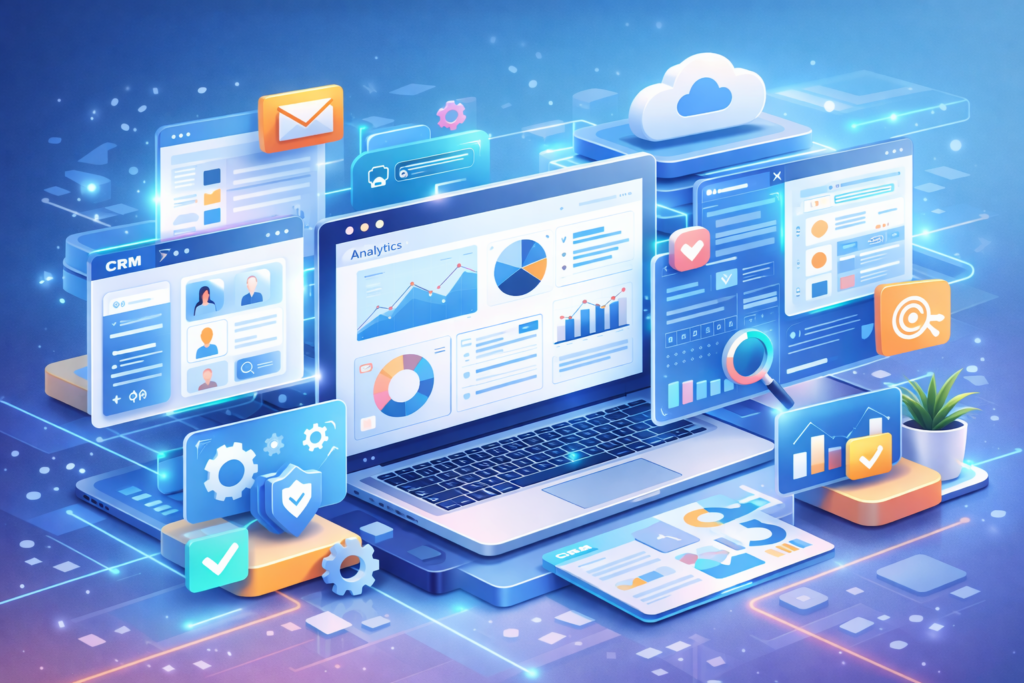 Isometric illustration of software solutions showing analytics dashboard, CRM system, cloud computing and integrated digital tools