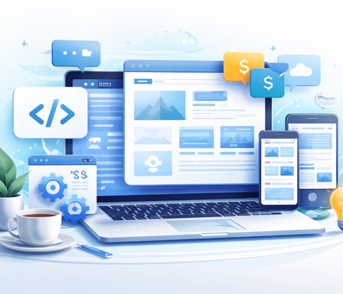 Web development services showing responsive website design on laptop and mobile devices with modern UI elements