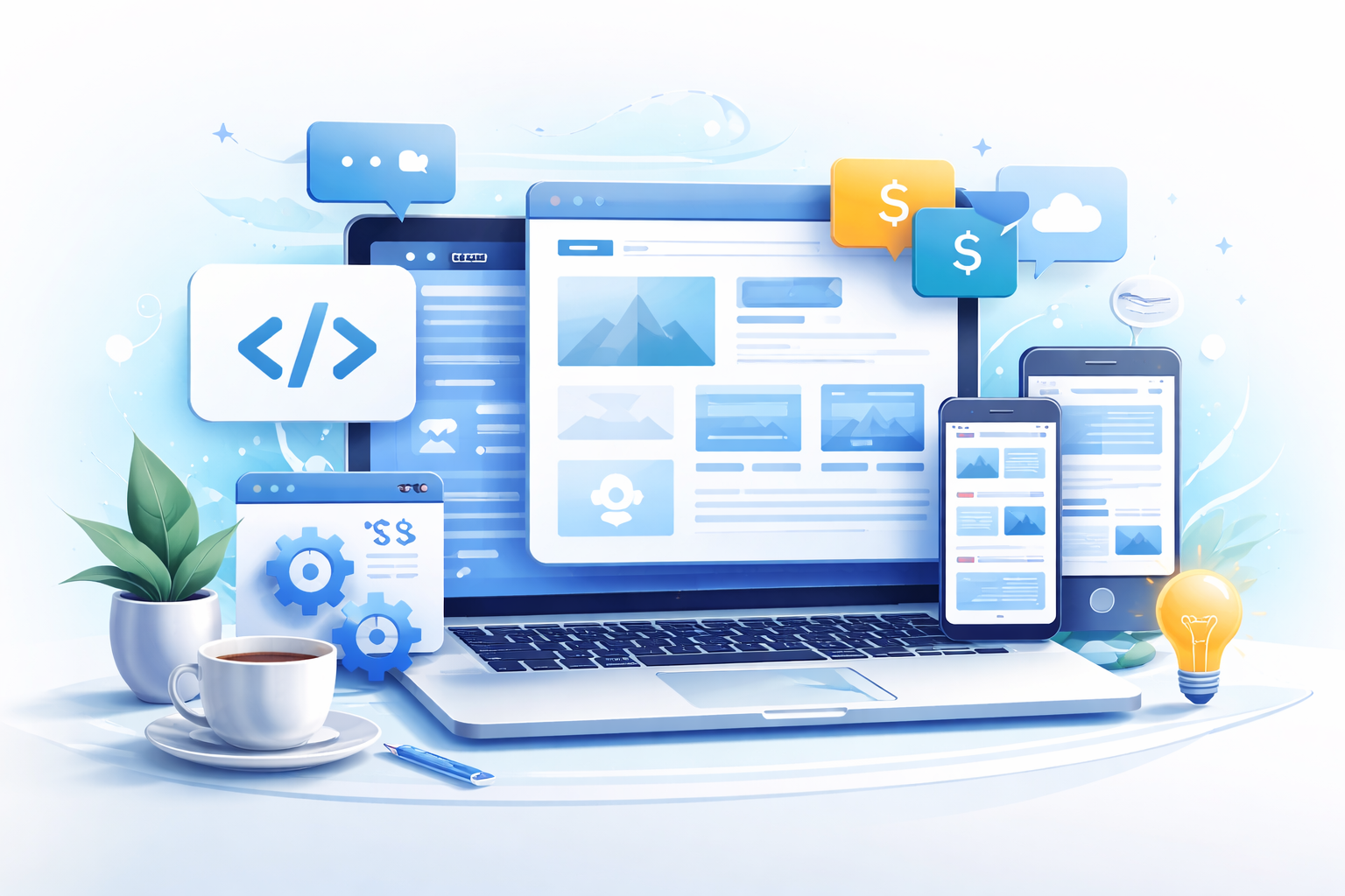 Web development services showing responsive website design on laptop and mobile devices with modern UI elements