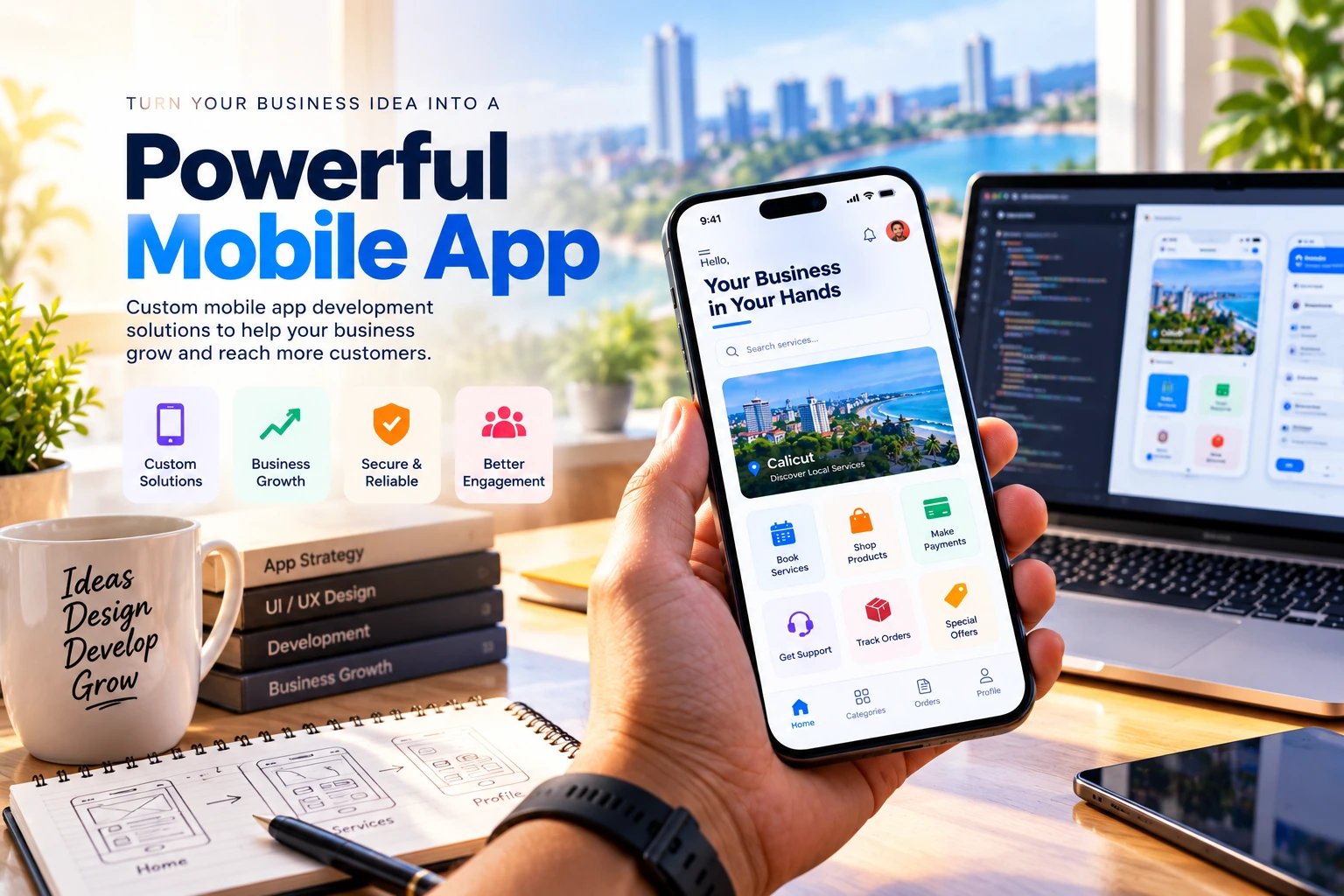 Modern mobile app development workspace for businesses in Calicut