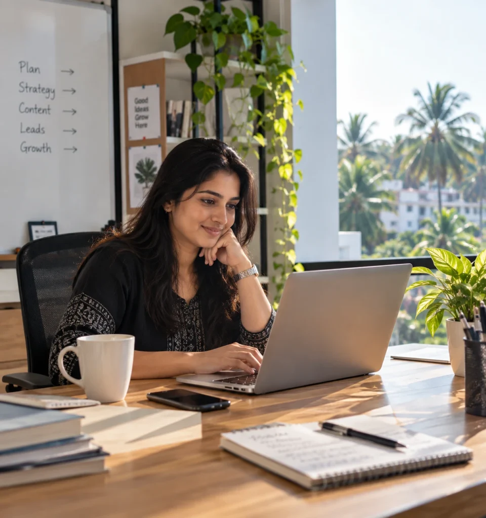 Realistic digital marketing office with a woman working on a laptop